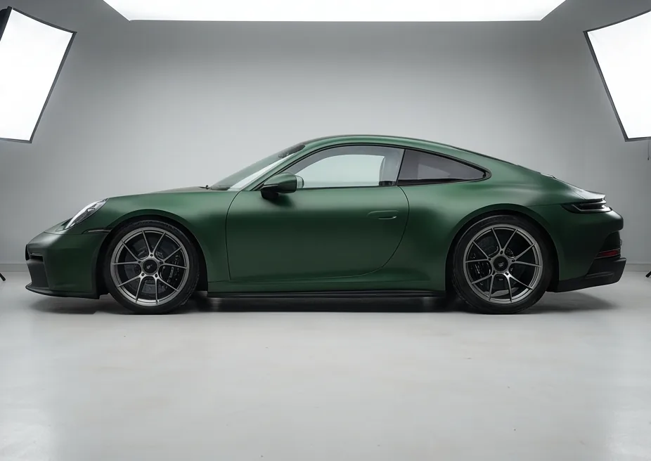 Le même coupé sport en vert mat, vu de profil dans un studio photo, après le covering intégral