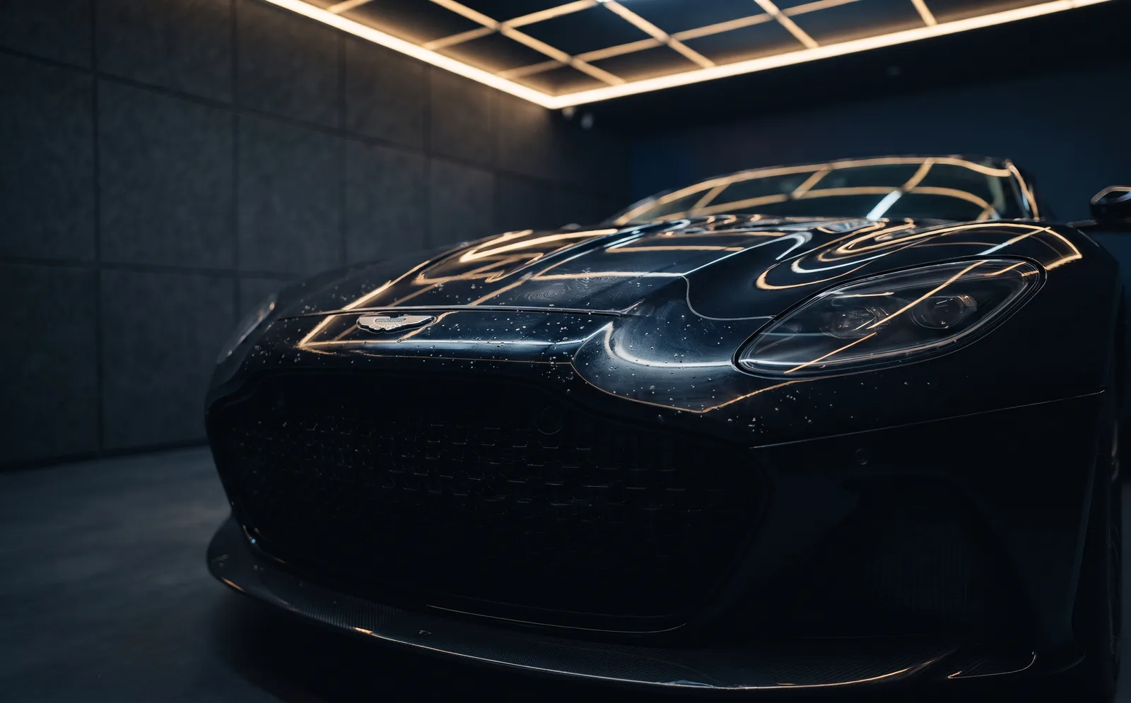 Aston Martin noire dans un studio aux lumières dorées, carrosserie marquée avant la pose du PPF