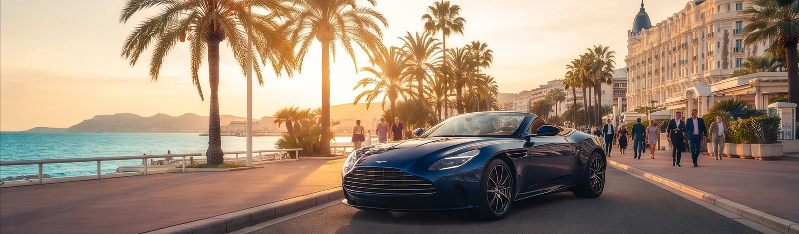 Voiture de luxe sur la Croisette à Cannes au coucher du soleil