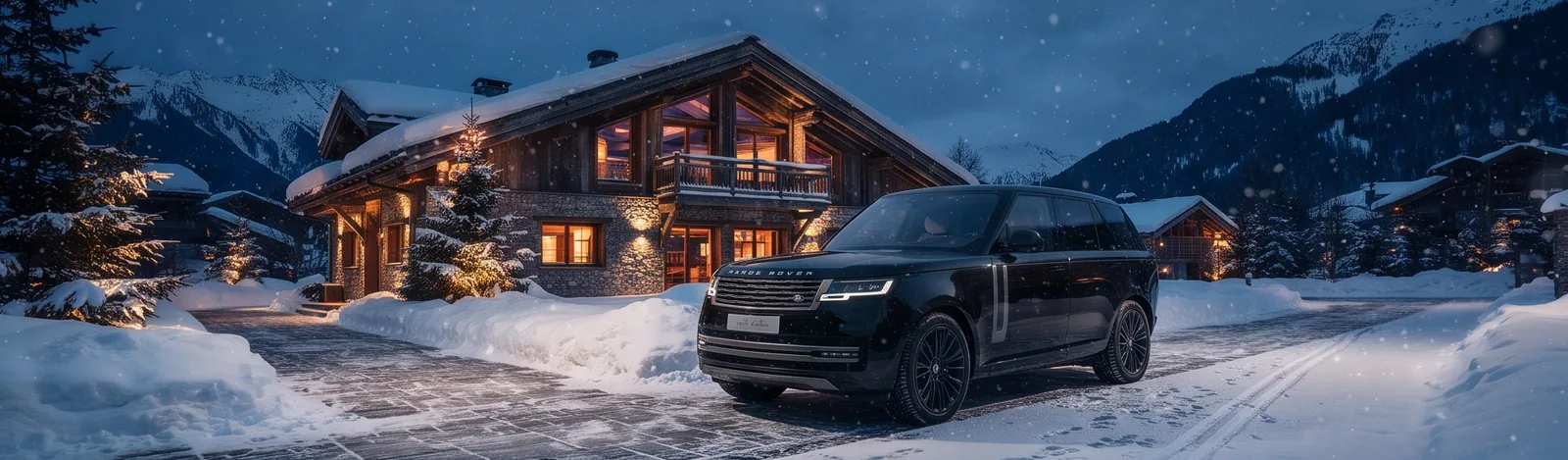 SUV de luxe noir devant un chalet enneigé à Courchevel