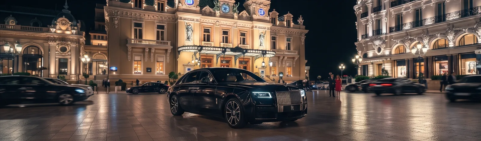 Rolls-Royce noire devant le Casino de Monte-Carlo de nuit