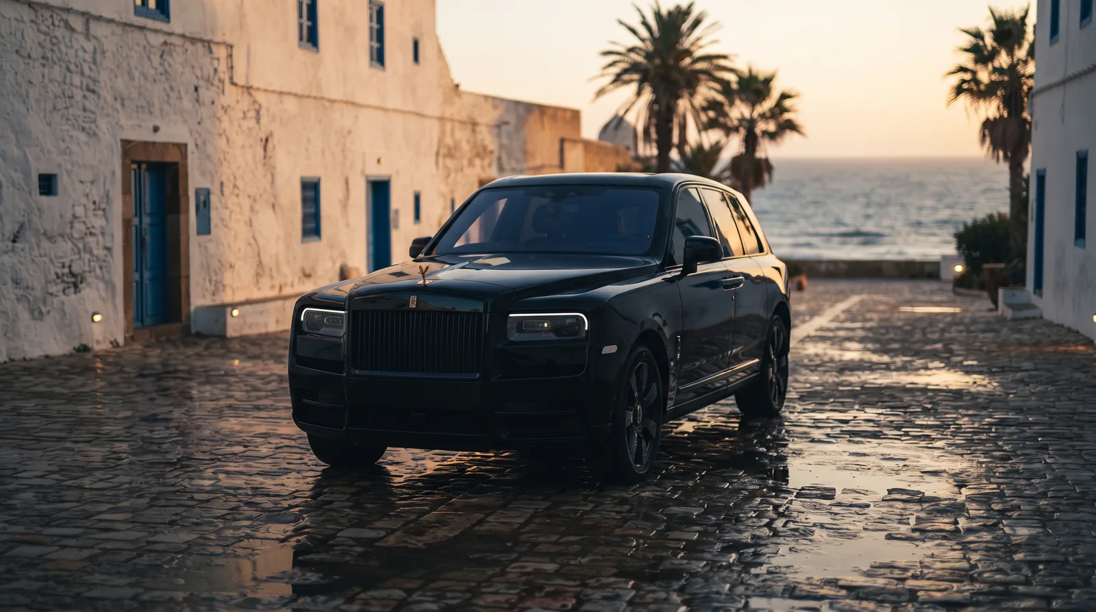 SUV de luxe noir devant les murs blancs et bleus de la Kasbah à Rabat