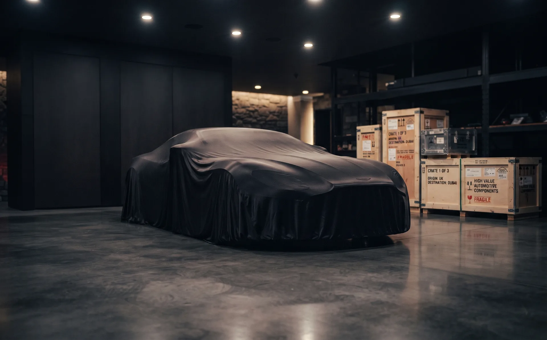 Supercar sous housse dans le showroom d'import d'Azur Gestion