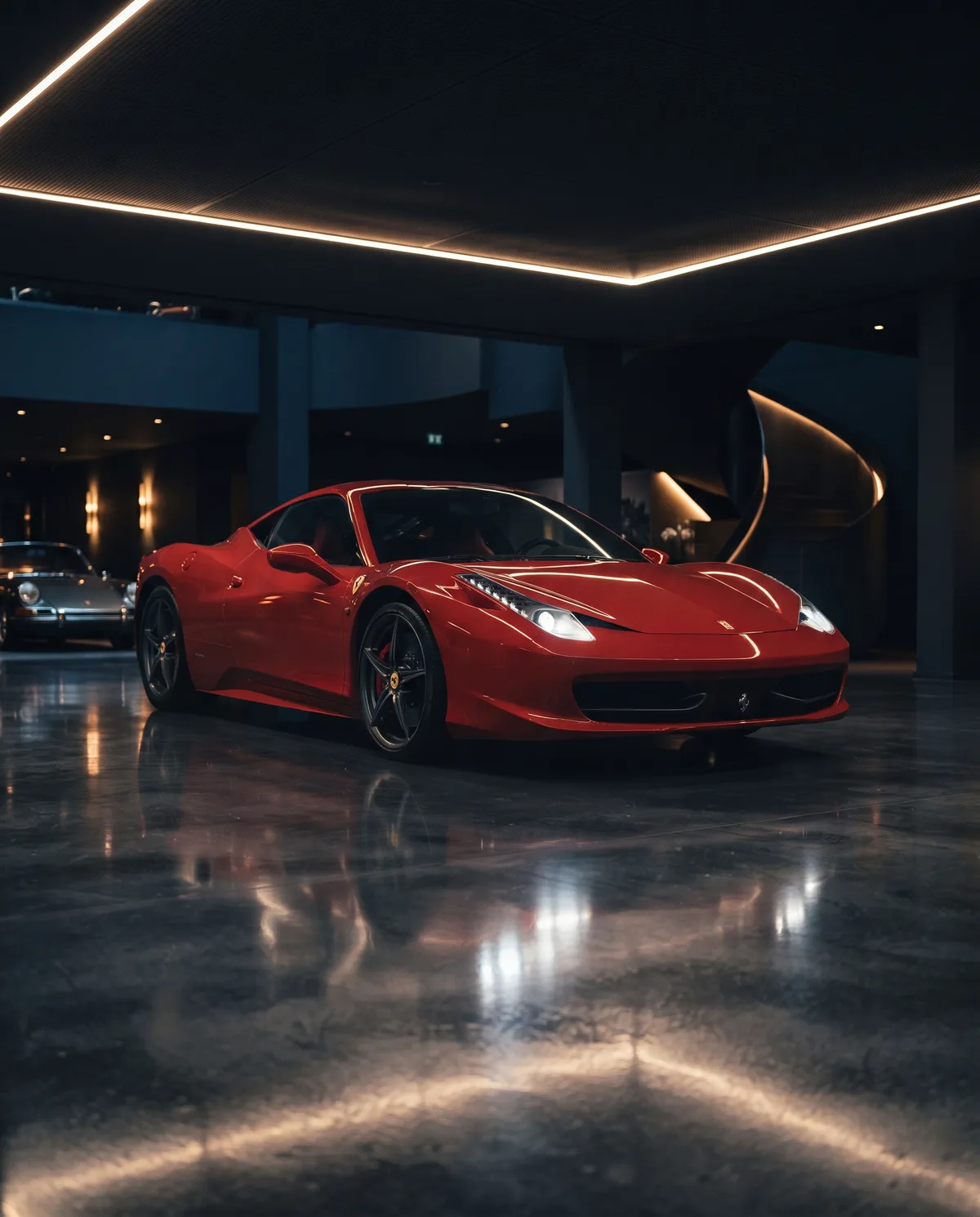 Ferrari 488 rouge dans un showroom premium