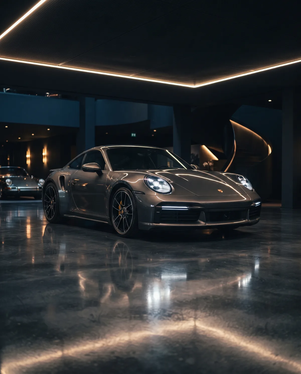 Porsche 911 Turbo S grise dans un showroom premium