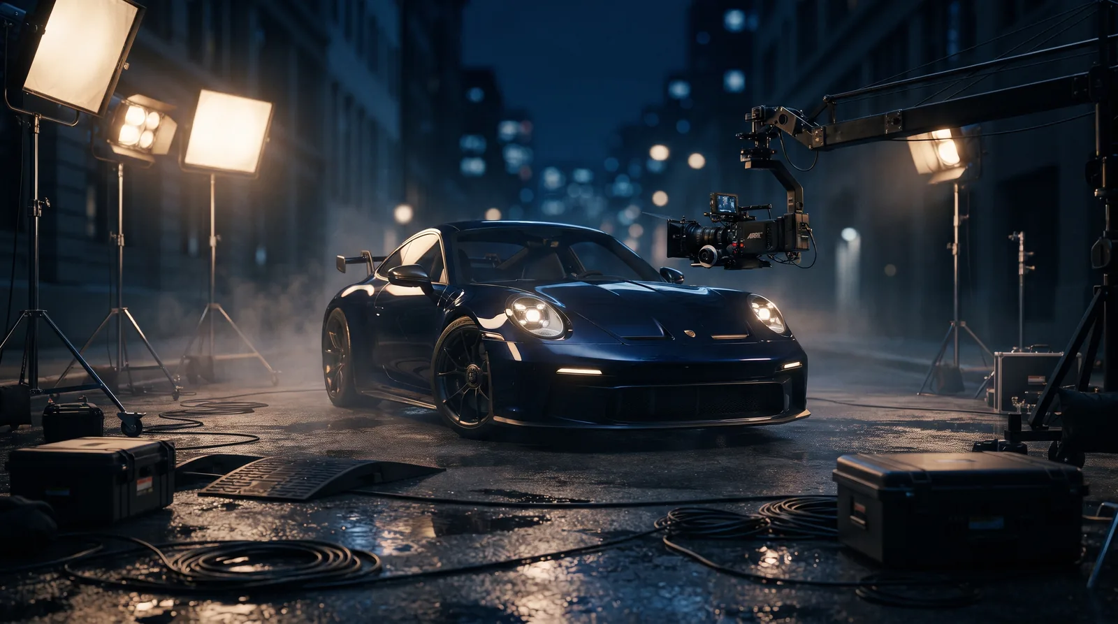 Voiture de sport sur un plateau de tournage de nuit avec grue caméra et projecteurs