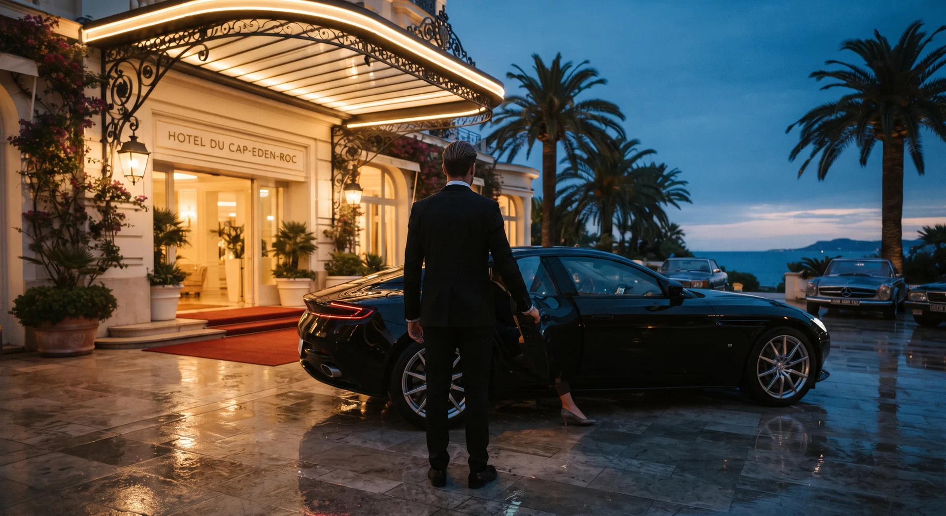 Voiturier ouvrant la portière d'une berline de luxe devant un hôtel