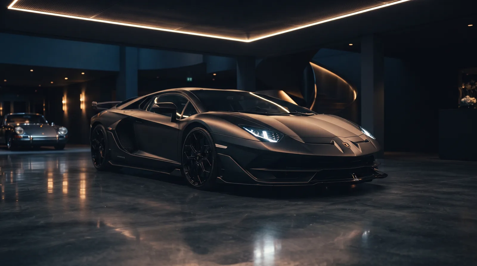 Supercar dans un showroom sombre aux reflets dorés