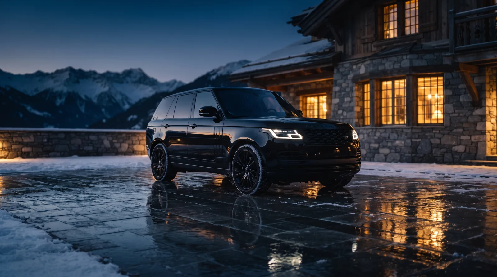 SUV de luxe devant une villa en montagne au crépuscule