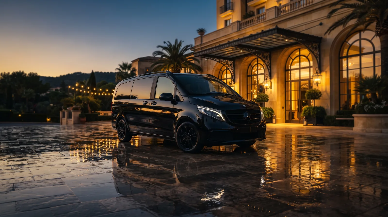 Van de luxe noir devant un hôtel de prestige au crépuscule