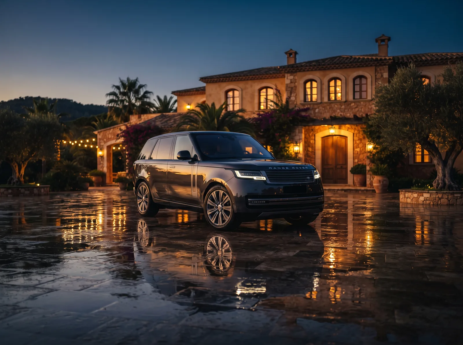 Range Rover Autobiography devant une villa au crépuscule